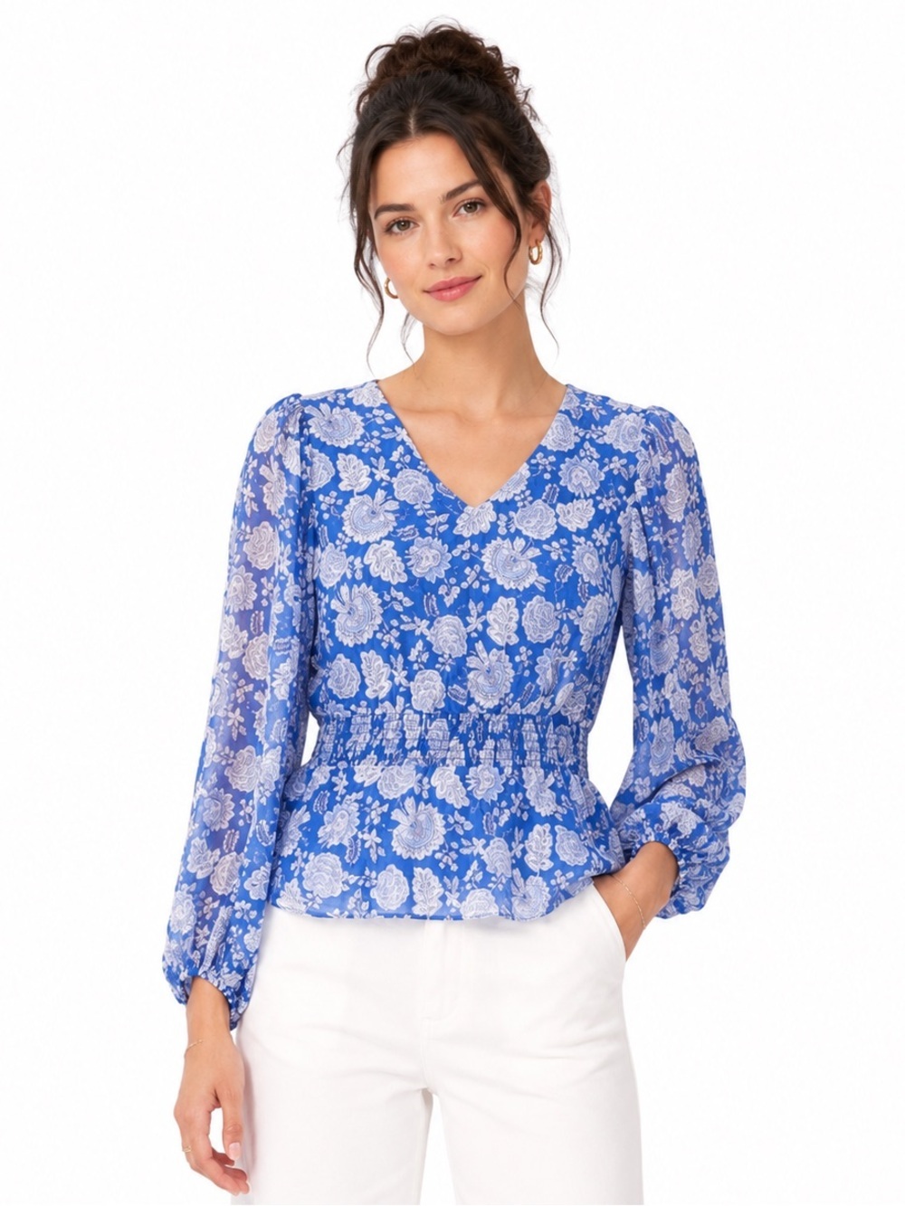 Vince Camuto V-Neck Peplum Top Blue and White Floral Blouse Top Size Small - Picture 12 of 15